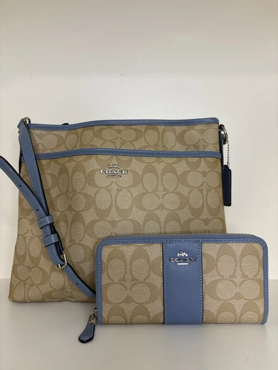 COACH Khaki Signature Crossbody and Wallet with Light Blue Trim - Picture 1 of 15